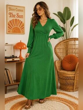 Vtg 70s Hubba Hubba Knit Maxi Sweater Dress Empire Waist Boho Surplice Size 9/10